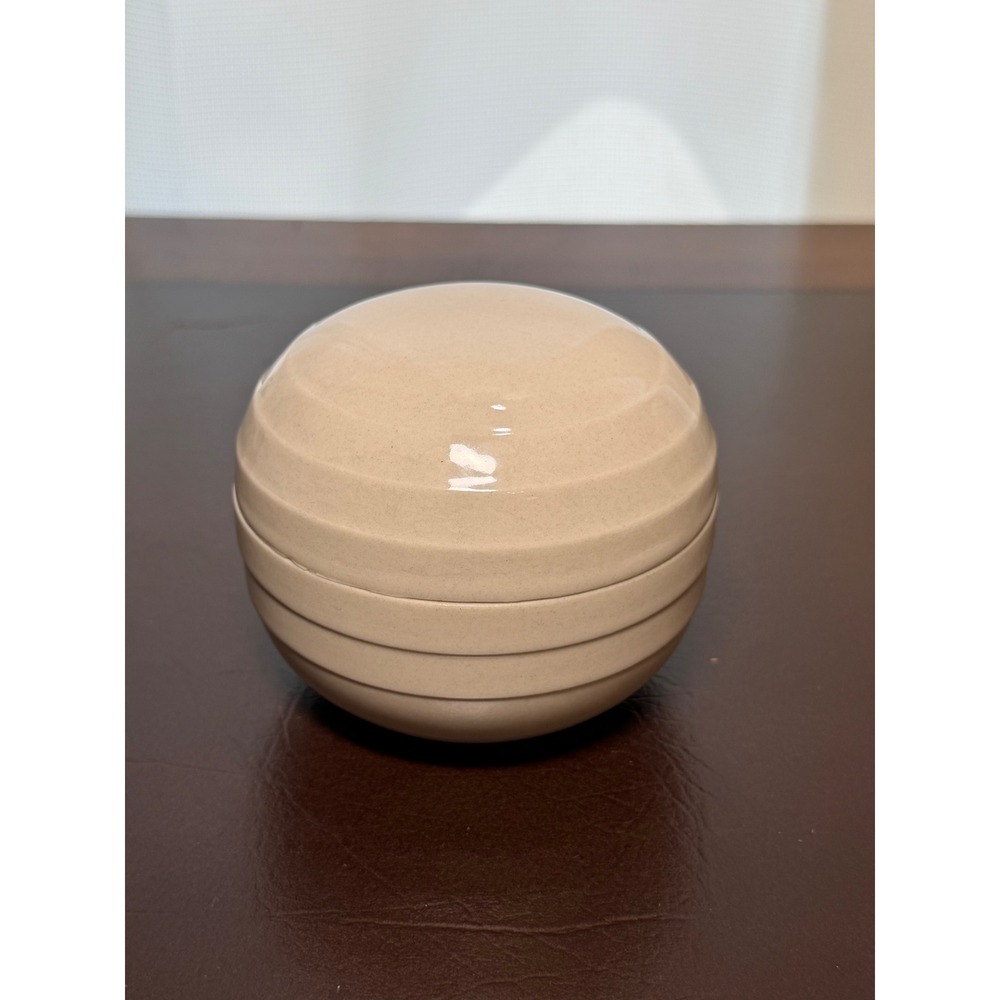 Vintage Stoneware Sculpture Japan Spherical Trinket Box Cream Grooved Lidded